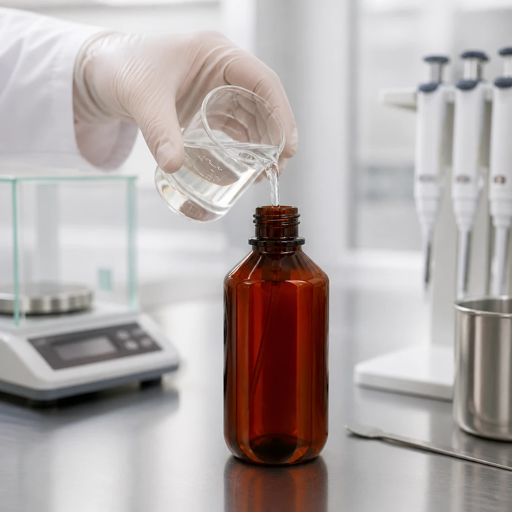 Laborant, mając na rękach rękawiczki lateksowe, napełnia 200 ml butelkę z brązowego szkła przezroczystym płynem z zlewki.