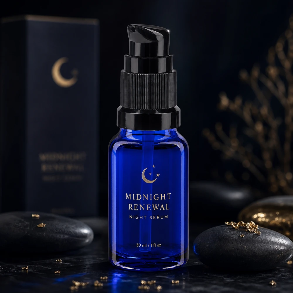 Niebieska szklana butelka apteczna z pompką o pojemności 10 ml, model STD, z czarnym dozownikiem, przeznaczona do serum na noc i produktów do pielęgnacji twarzy