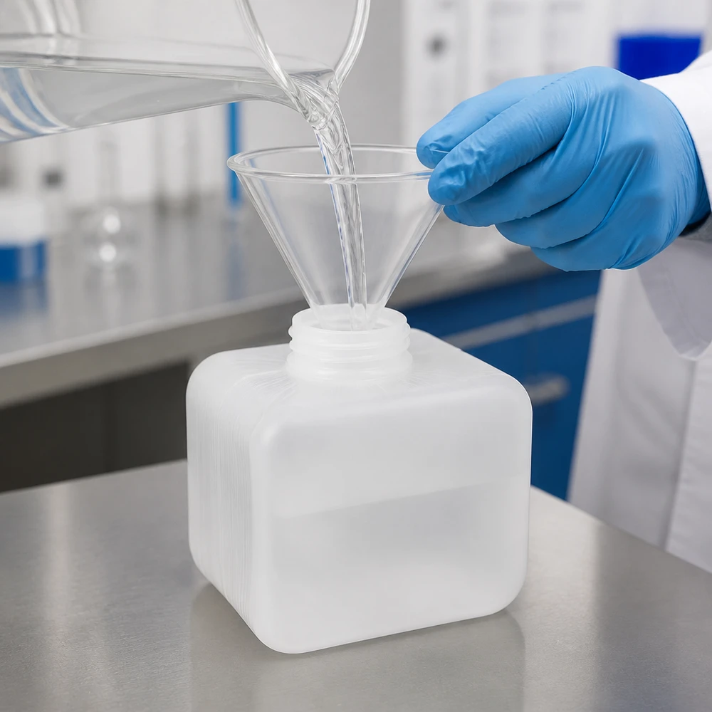 Butelka na chemikalia 250 ml, PE-HD, z wąską szyjką, w kolorze naturalnym, z lejkiem, do napełniania płynami, laboratoryjna
