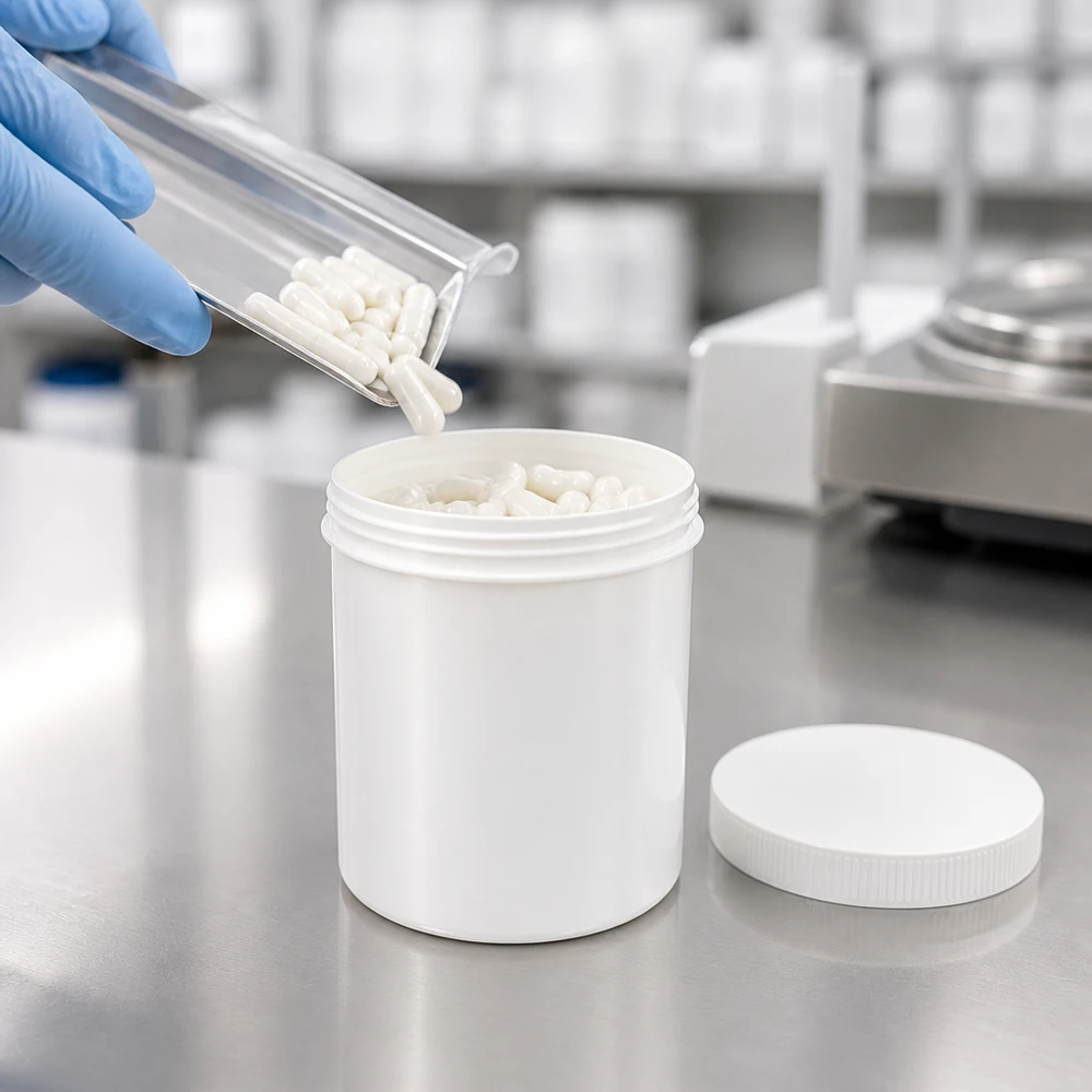 Biały słoik z polipropylenu (PP) o pojemności 250 g jest napełniany kapsułkami w zakładzie produkcji farmaceutycznej