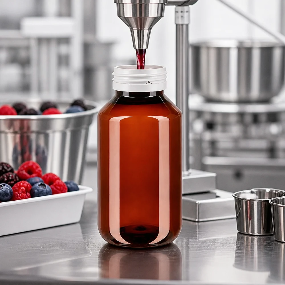 Brązowa butelka PET o pojemności 50 ml jest napełniana maszynowo czerwonym sokiem owocowym