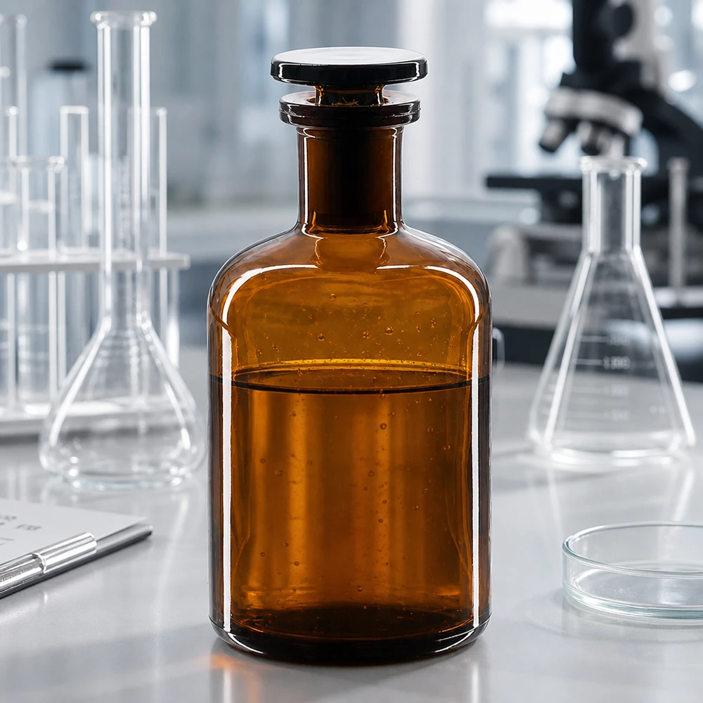 Butelka z zaokrąglonymi ramionami, 100 ml, z brązowego szkła, z wąską szyjką i szklanym korkiem, przeznaczona do profesjonalnych laboratoriów