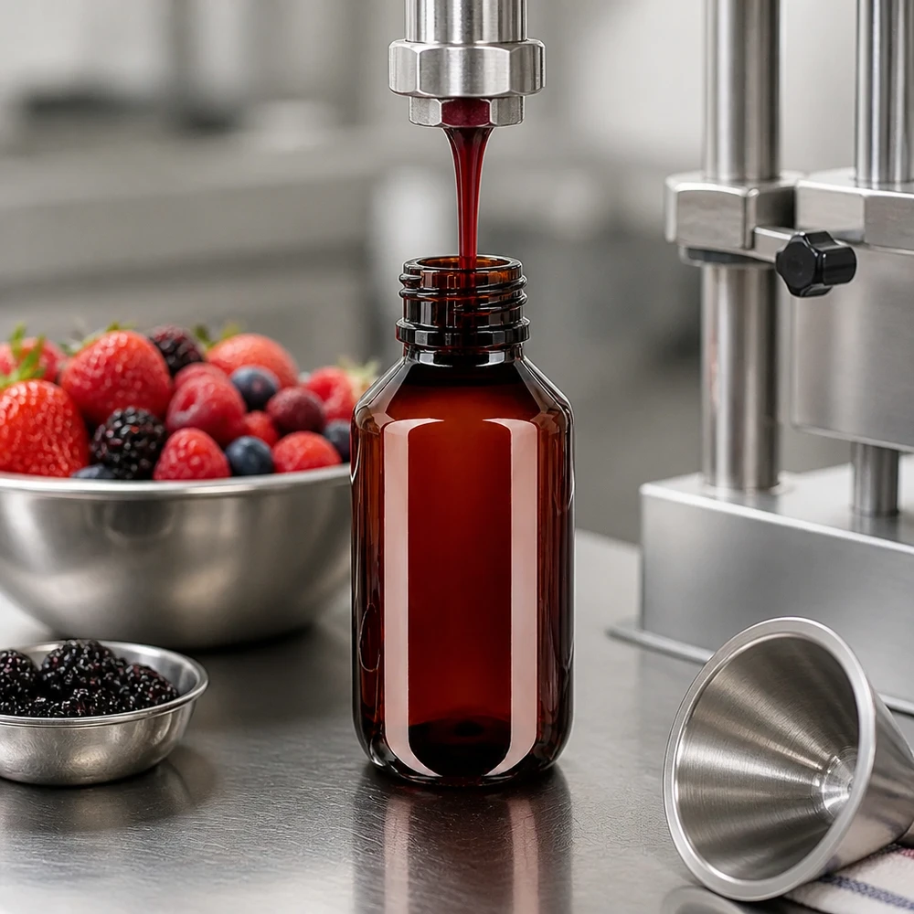 Butelka PET 100ml z czerwoną nakrętką OV Butelka PET o pojemności 100 ml w kolorze bursztynowym z czerwonym opakowaniem zewnętrznym jest napełniana sokiem jagodowym w procesie maszynowym