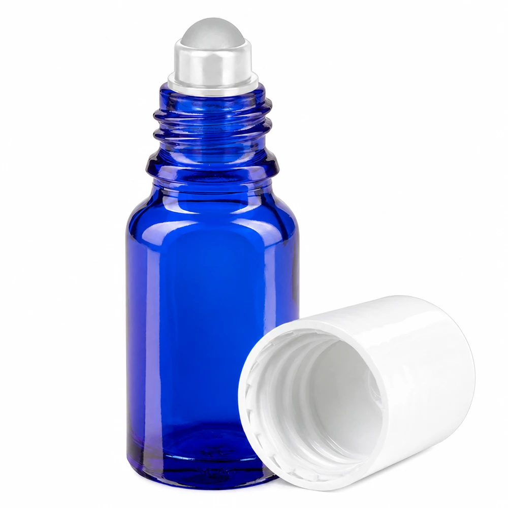 Butelka roll-on 10 ml biała STD BlueLine UT18/10 Niebieska szklana butelka 10 ml z aplikatorem roll-on do olejków eterycznych i kosmetyków