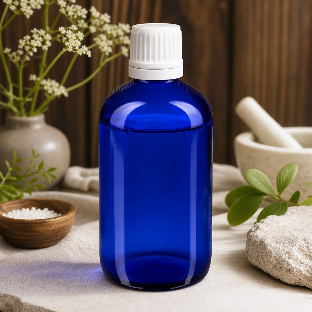 Precyzyjna butelka z zakraplaczem o pojemności 20 ml, wykonana z niebieskiego szkła chroniącego przed promieniowaniem UV, z białym zamknięciem KiSi, przeznaczona do produktów aptecznych