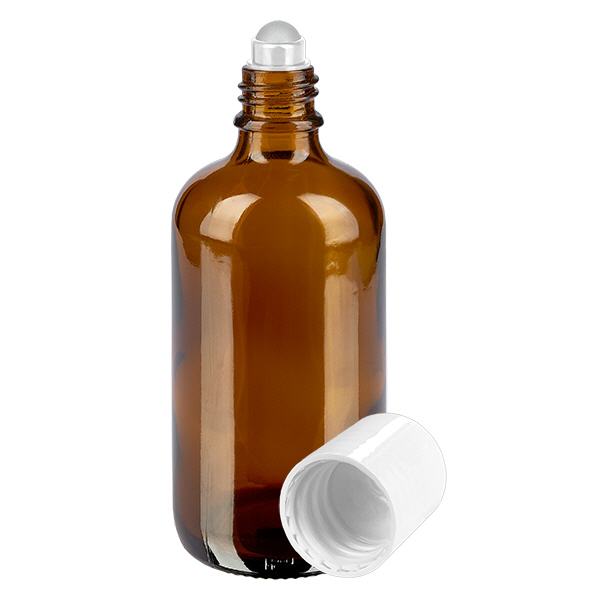 Butelka apteczna brązowa 100ml nakrętka roll-on biała Butelka apteczna brązowa 100ml nakrętka roll-on biała