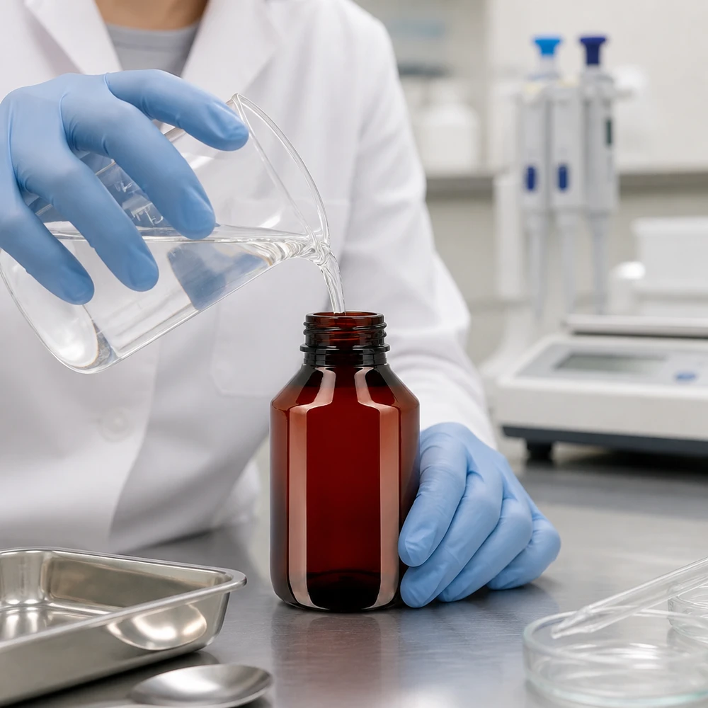 Laborant napełnia brązową butelkę PET o pojemności 50 ml z korkiem odgazowującym w profesjonalnym środowisku laboratoryjnym