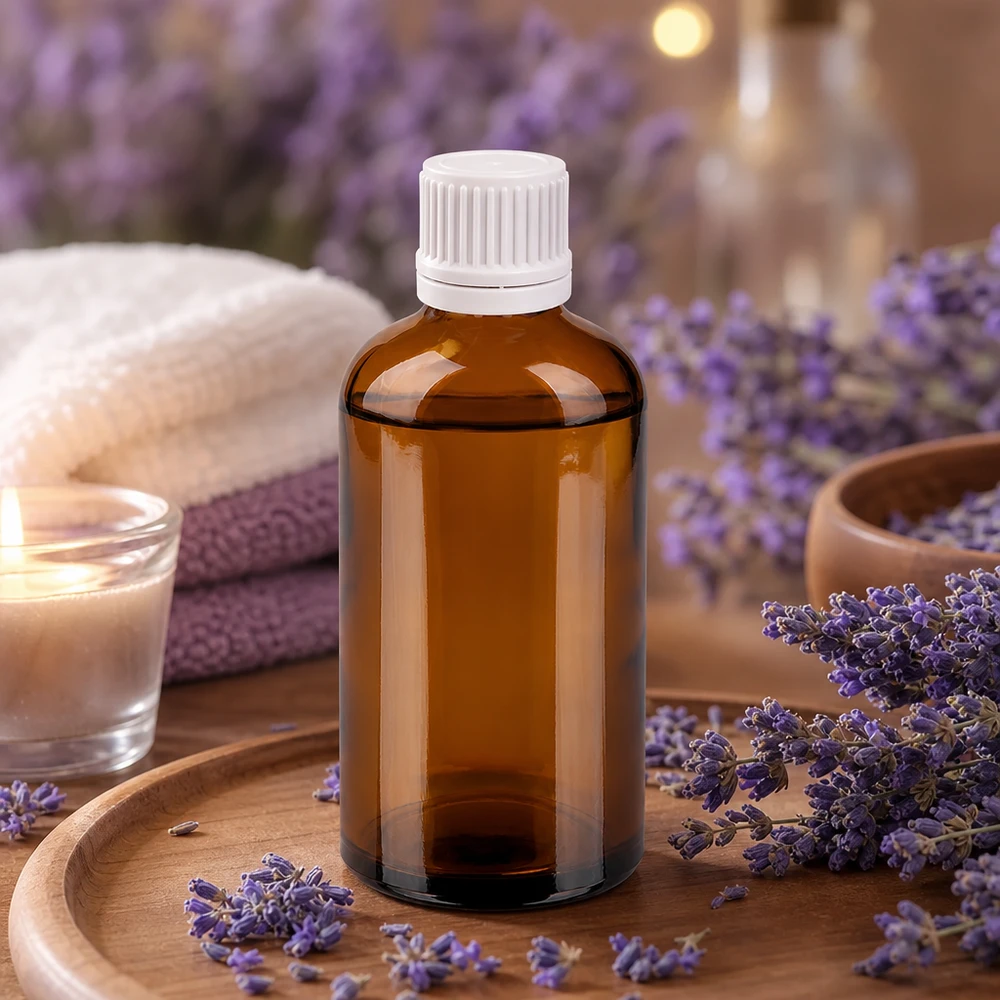 Mała szklana butelka o pojemności 100 ml w odcieniach brązu, idealna do aromaterapii i zastosowań wellness.