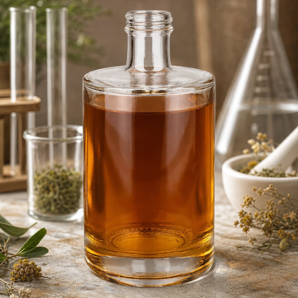 500ml Glasflasche Sam mit bernsteinfarbener Flüssigkeit Labor-Atmosphäre Kräuter Mörser Reagenzgläser Apotheker-Stil