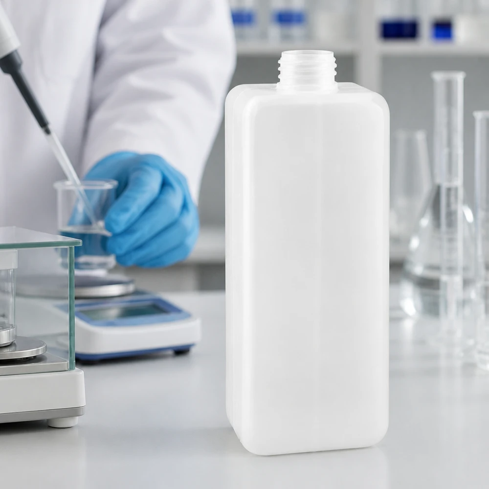 Biała butelka na chemikalia z PE-HD o pojemności 1000 ml z wąską szyjką GL 32 na białym blacie laboratoryjnym