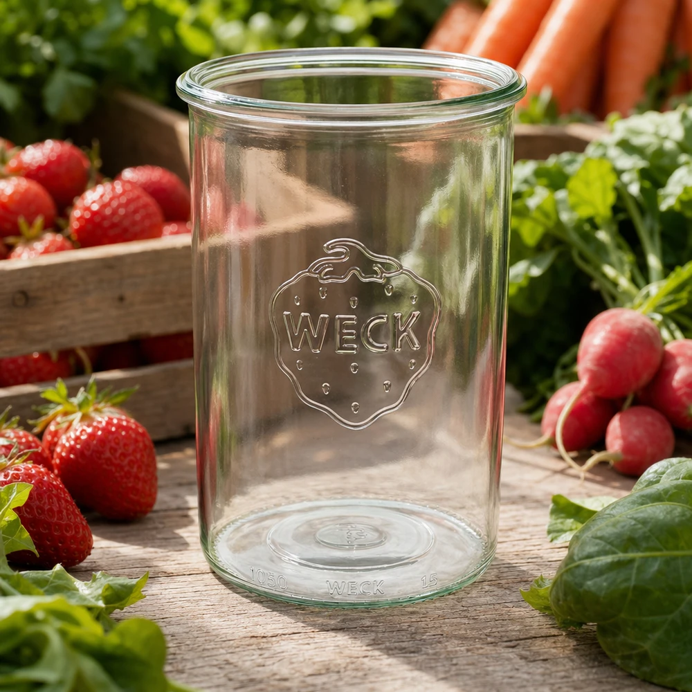 Słoik z szeroką szyjką WECK RR100, 1000 ml Kubki WECK 1000ml RR100 z logo na drewnianym stole w otoczeniu świeżych truskawek, rzodkiewek i warzyw