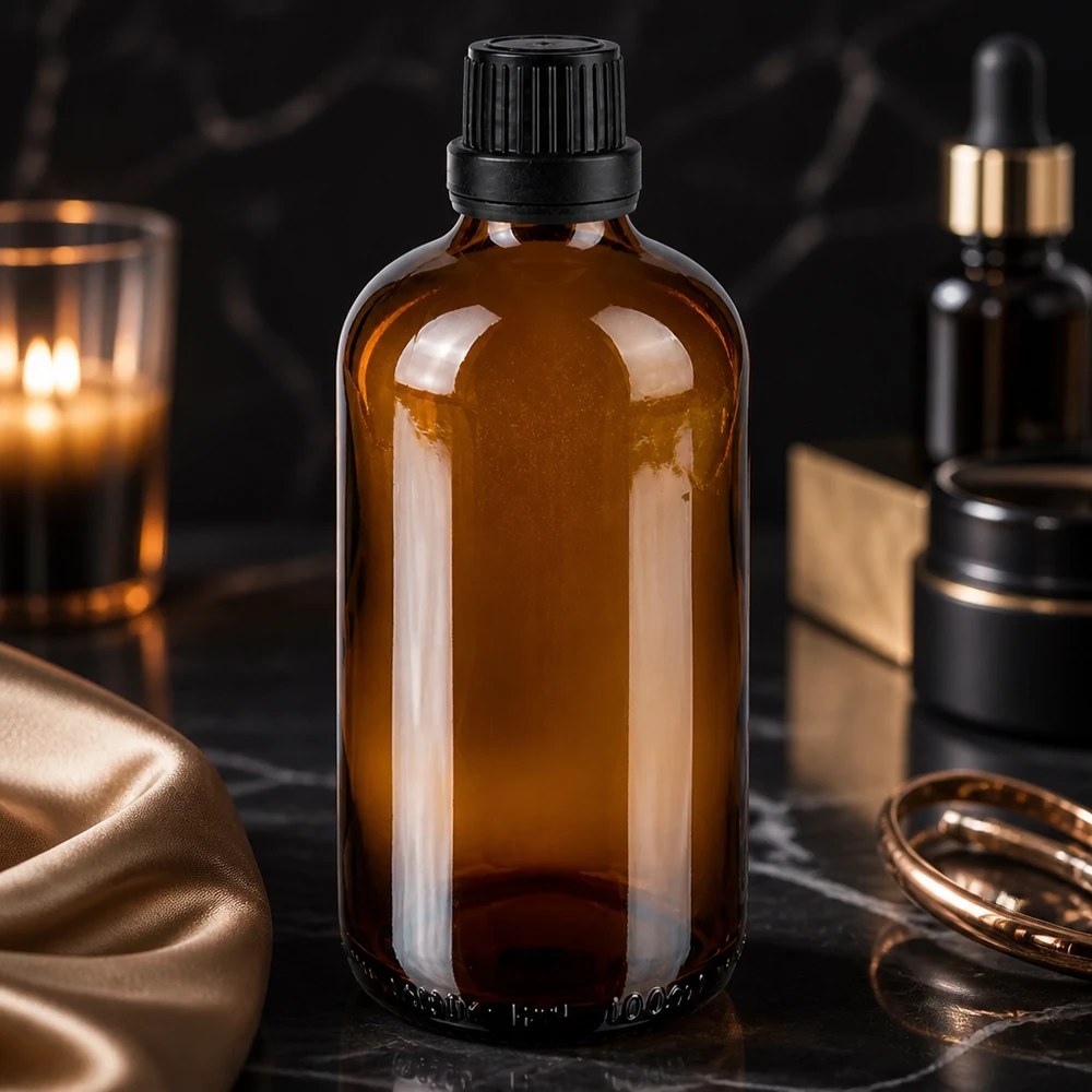 Butelka apteczna brązowa 100ml drip v. Pr 2mm czarny OV Brązowa butelka apteczna o pojemności 100 ml z zamknięciem OV zabezpieczonym przed dziećmi, na czarnej marmurowanej powierzchni