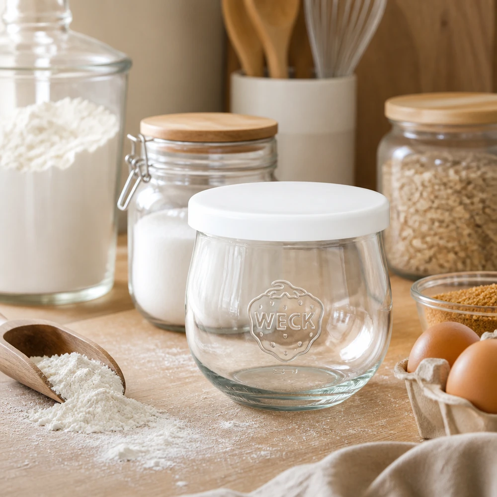 Słoik WECK tulipan 370ml z białą silikonową pokrywką w rustykalnej kuchni pomiędzy słoikami na mąkę, jajka i inne produkty.