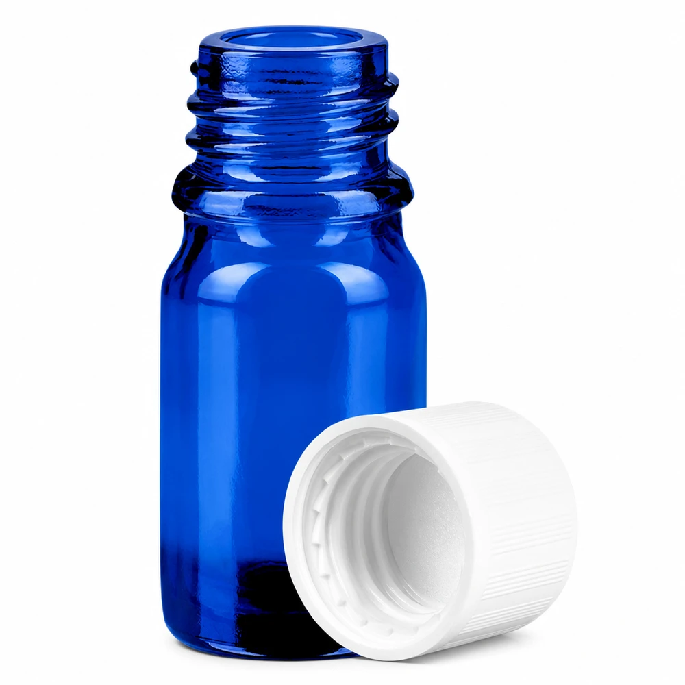 Butelka 5 ml 11 mm SV biała STD KiSi BlueLine UT18/5 Butelka laboratoryjna 5 ml wykonana z niebieskiego szkła z gwintem 11 mm i zakrętką zabezpieczającą przed dziećmi