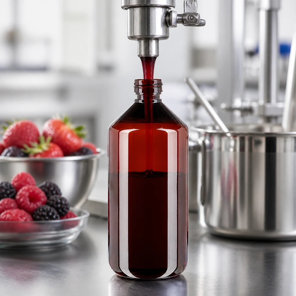 Butelka PET 1000 ml z brązową nakrętką Standard Befüllung einer braunen 1000ml Kunststoffflasche mit dunklem Beerensaft in Edelstahlküche
