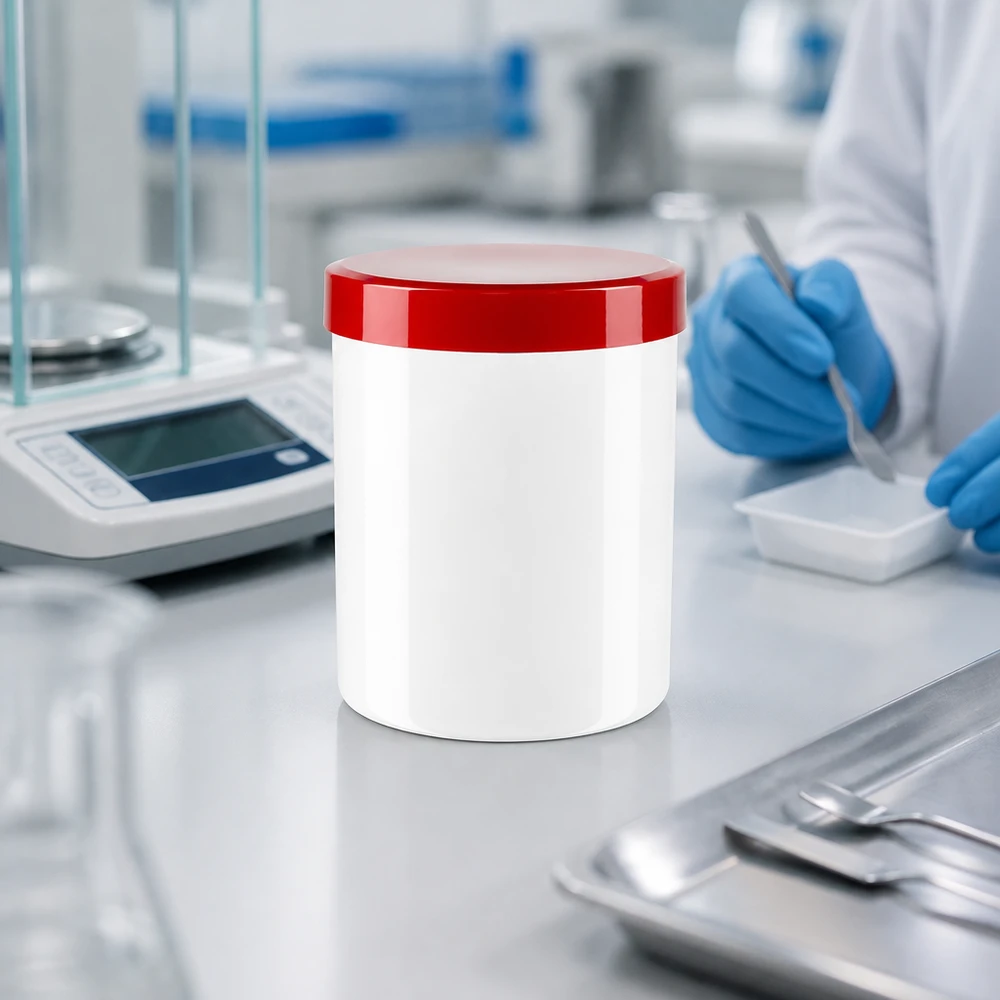 Okrągły, biały pojemnik na maść o pojemności 50 g, wykonany z PP, z czerwoną zakrętką, przeznaczony do zastosowań farmaceutycznych