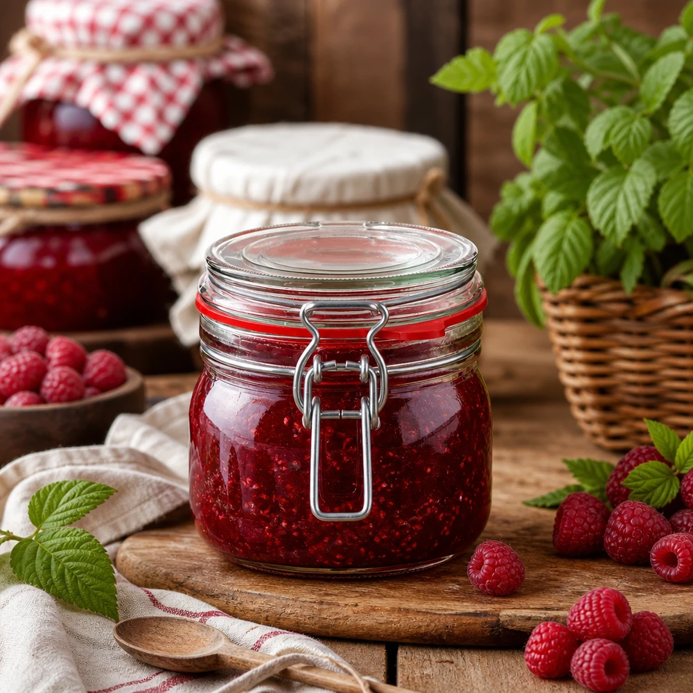 Słoik do przechowywania typu G o pojemności 634 ml z zamknięciem na zatrzask UN.. Słoik do przetworów o pojemności 634 ml z uchylną pokrywką, idealny do domowych dżemów i marmolad.
