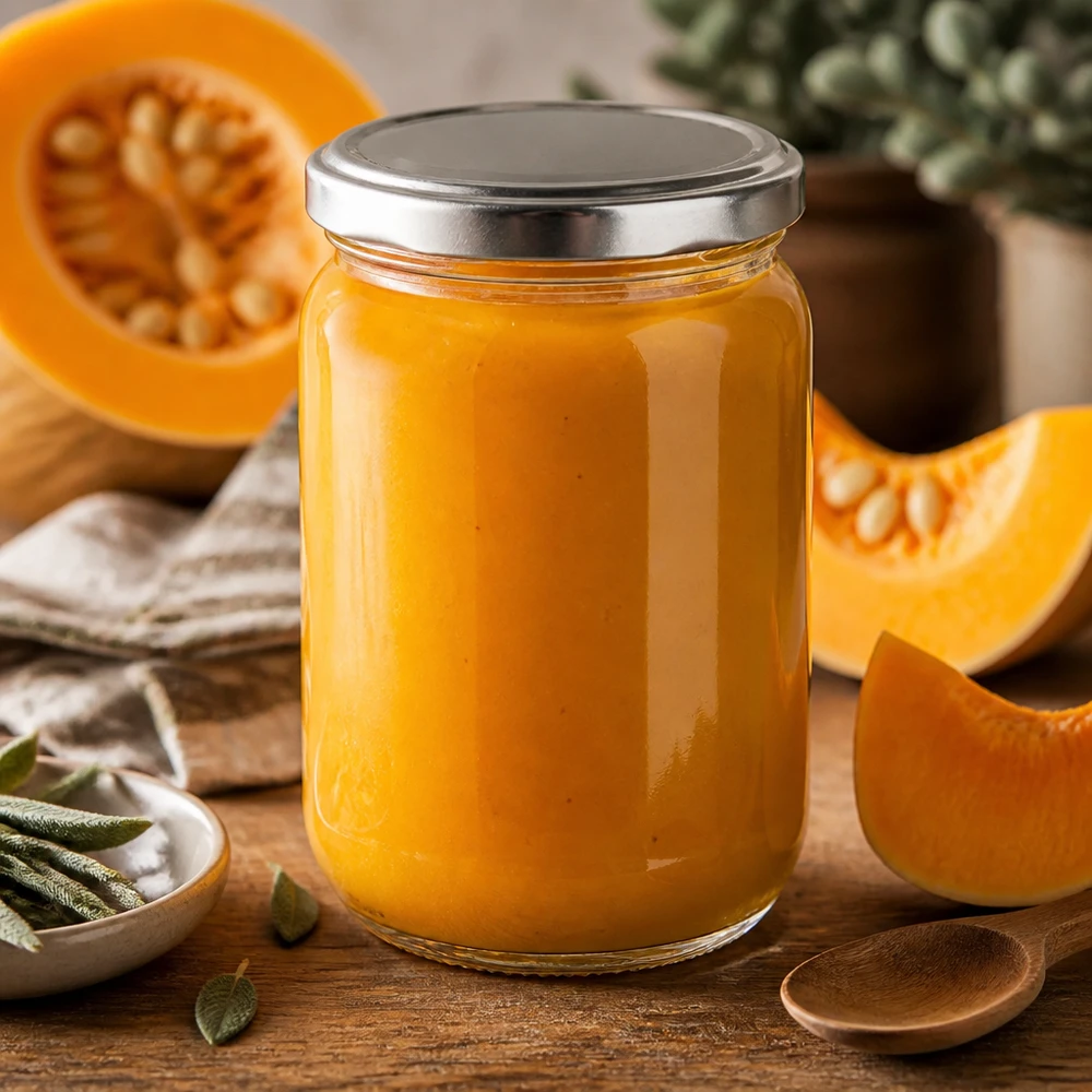 Okrągły słoik o pojemności 555 ml z pokrywką BasicSeal w kolorze srebrnym, wypełniony kremowym puree z dyni, na drewnianym stole