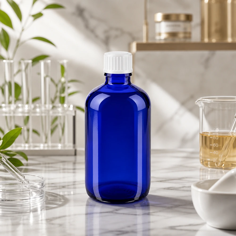 Butelka apteczna niebieska 100ml zakrętka białe kuleczki St Butelka z filtrem światła o pojemności 100 ml, w kolorze kobaltowym, z białym zamknięciem zabezpieczającym, w laboratorium
