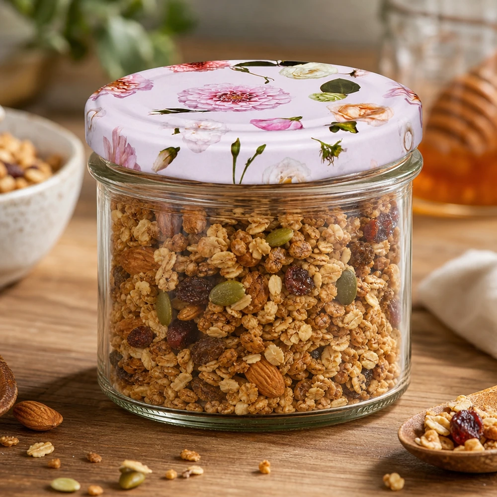 Słoik 225 ml + pokrywka BasicSeal kwiat różowy UN.. Granola musli w słoiku o pojemności 225 ml z pokrywką w różowe kwiaty - wszechstronne przechowywanie żywności i przekąsek