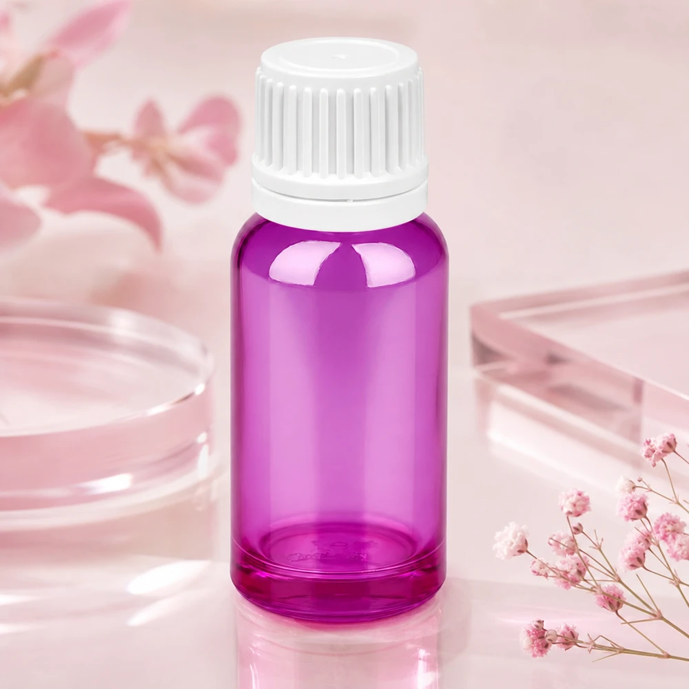 Butelka 20 ml z zakrętką 11 mm biała Oryginalna zakrętka PurpleLine UT18/20 Wysokiej jakości butelka 20 ml wykonana z fioletowego szkła borokrzemowego z białą nakrętką dla farmacji