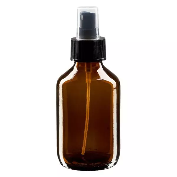 Butelka na lek 150 ml brązowa, z pompką rozpylającą czarną ApoGlas. Farmaceutyczna jakość produkcji UE. Gwint 28 mm (PP28). (syrop, butelka z lekkiego szkła)