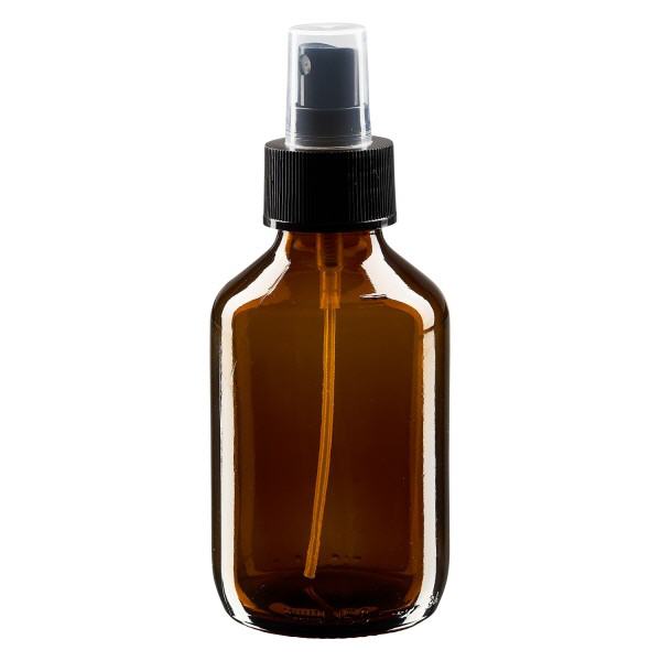 Butelka na lek 150 ml br&#261;zowa, z pompk&#261; rozpylaj&#261;c&#261; czarn&#261; ApoGlas. Farmaceutyczna jako&#347;&#263; produkcji UE. Gwint 28 mm (PP28). (syrop, butelka z lekkiego szk&#322;a)