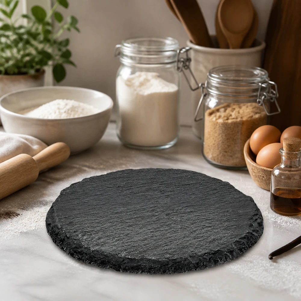 Okrągły talerz do serwowania z łupka Ø 150 mm Runde Schieferservierplatte 15cm inmitten von Backzutaten und Küchenutensilien als stilvolle Arbeitsunterlage