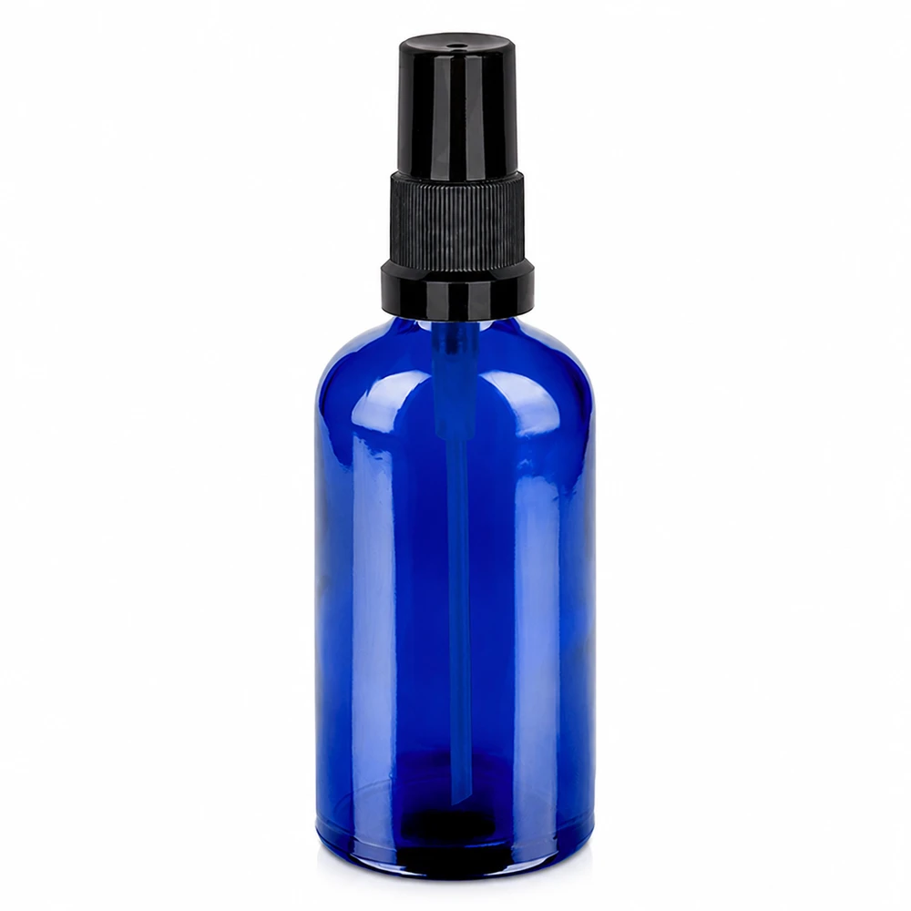 Butelka z rozpylaczem 100 ml czarna STD BlueLine UT18/100 - niebieskie szkło z czarną głowicą rozpylającą
