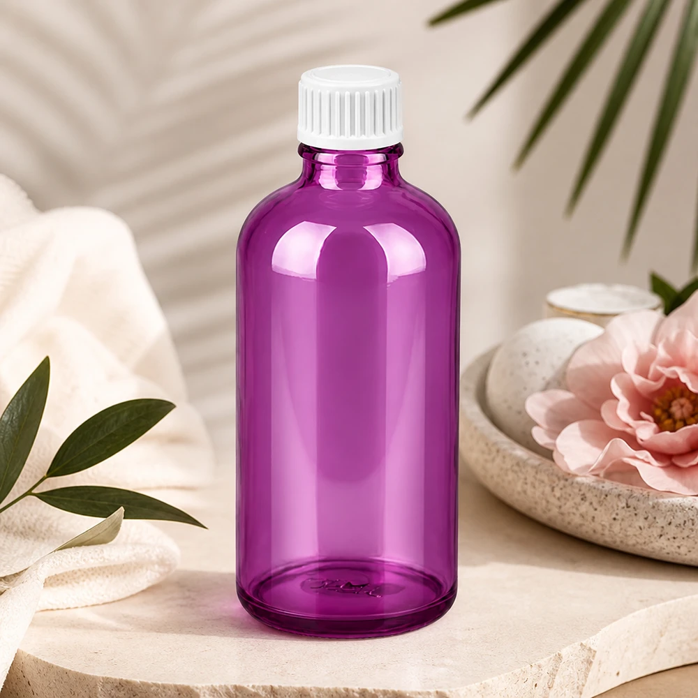 Kompaktowa butelka z fioletowego szkła o pojemności 100 ml z gwintem UT18 do produktów do aromaterapii