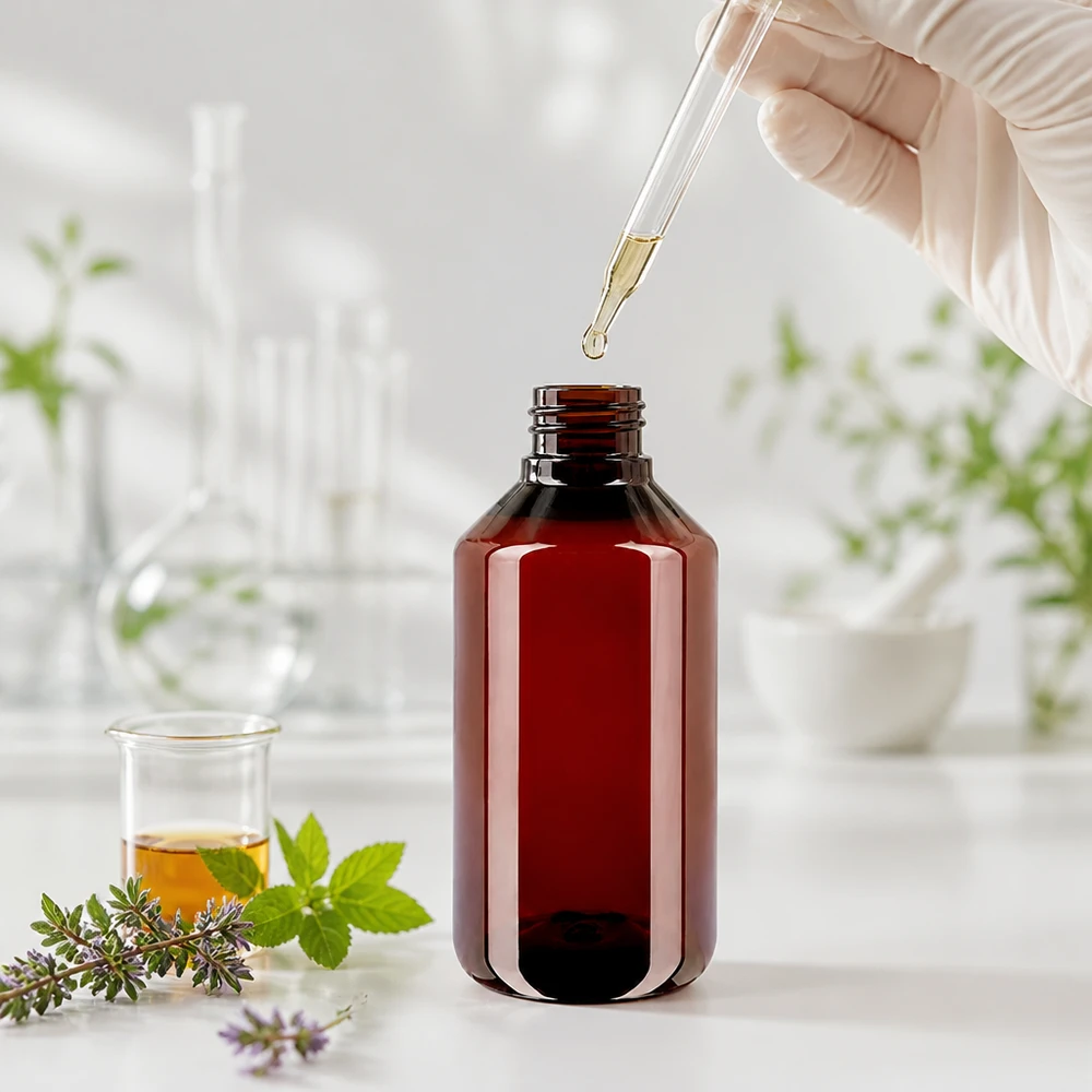 Brązowa butelka PET o pojemności 750 ml z pipetą i białym opakowaniem zewnętrznym w nowoczesnym otoczeniu laboratoryjnym
