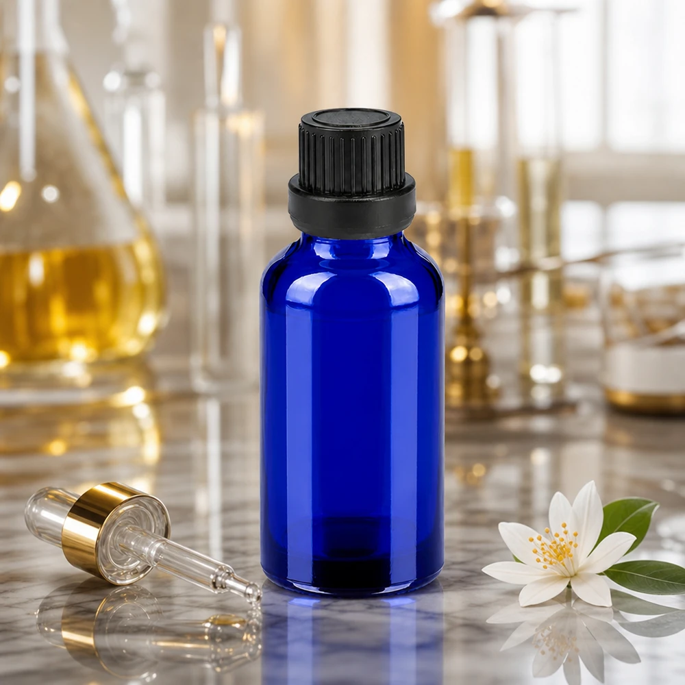 Butelka 30 ml 11 mm SV czarna OV BlueLine UT18/30 Szklana butelka w kolorze kobaltowego błękitu o pojemności 30 ml z pipetą z kroplomierzem do precyzyjnego dozowania serum i olejków.