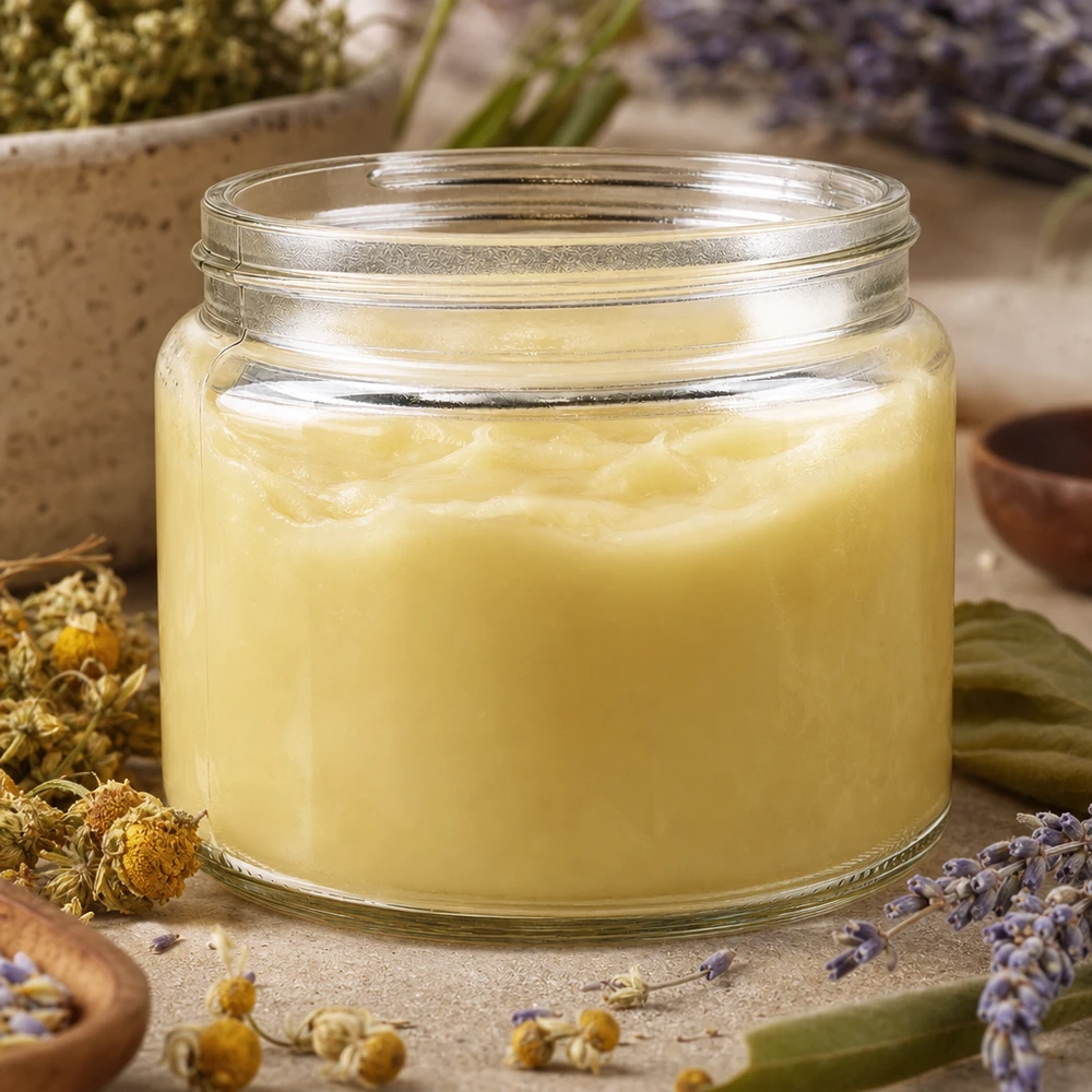 Słoik na maść (słoik szklany) 250 ml przezroczysty, bez pokrywki, gwint 83 mm/R3 Glastiegel 250ml mit cremiger gelber Salbe gefüllt umgeben von Kamillenblüten und Lavendel natürliche Hautpflege