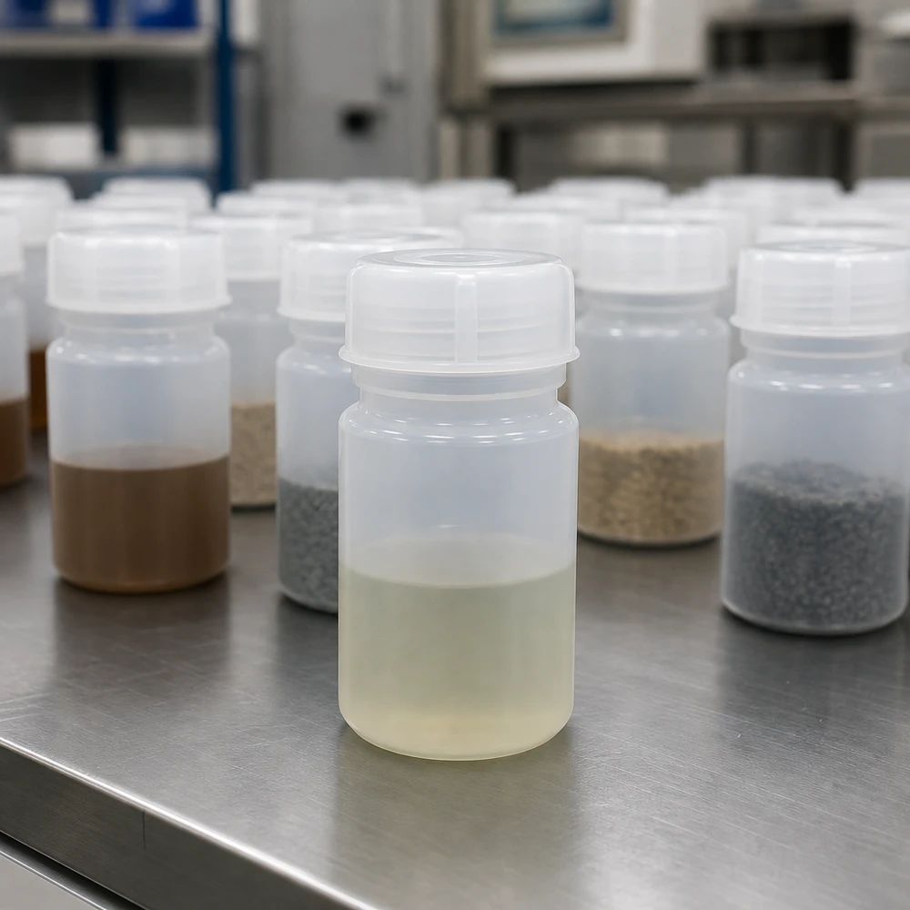 Kilka butelek laboratoryjnych o szerokiej szyjce o pojemności 50 ml, zawierających różne substancje, na stole ze stali nierdzewnej