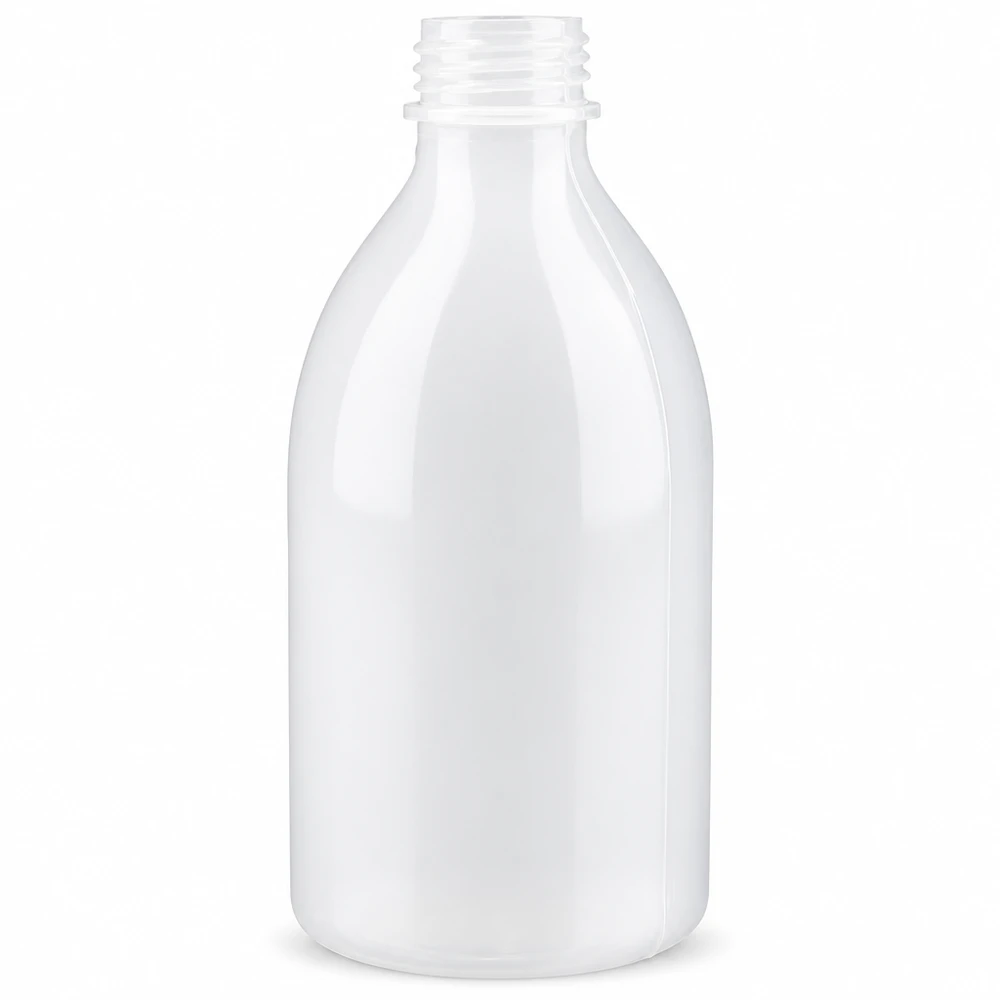 Butelka laboratoryjna 250 ml z wąską szyjką bez zakrętki Butelka laboratoryjna o pojemności 250 ml z wąską szyjką, wykonana z białego tworzywa sztucznego, bez zamknięcia, przeznaczona do profesjonalnych zastosowań laboratoryjnych