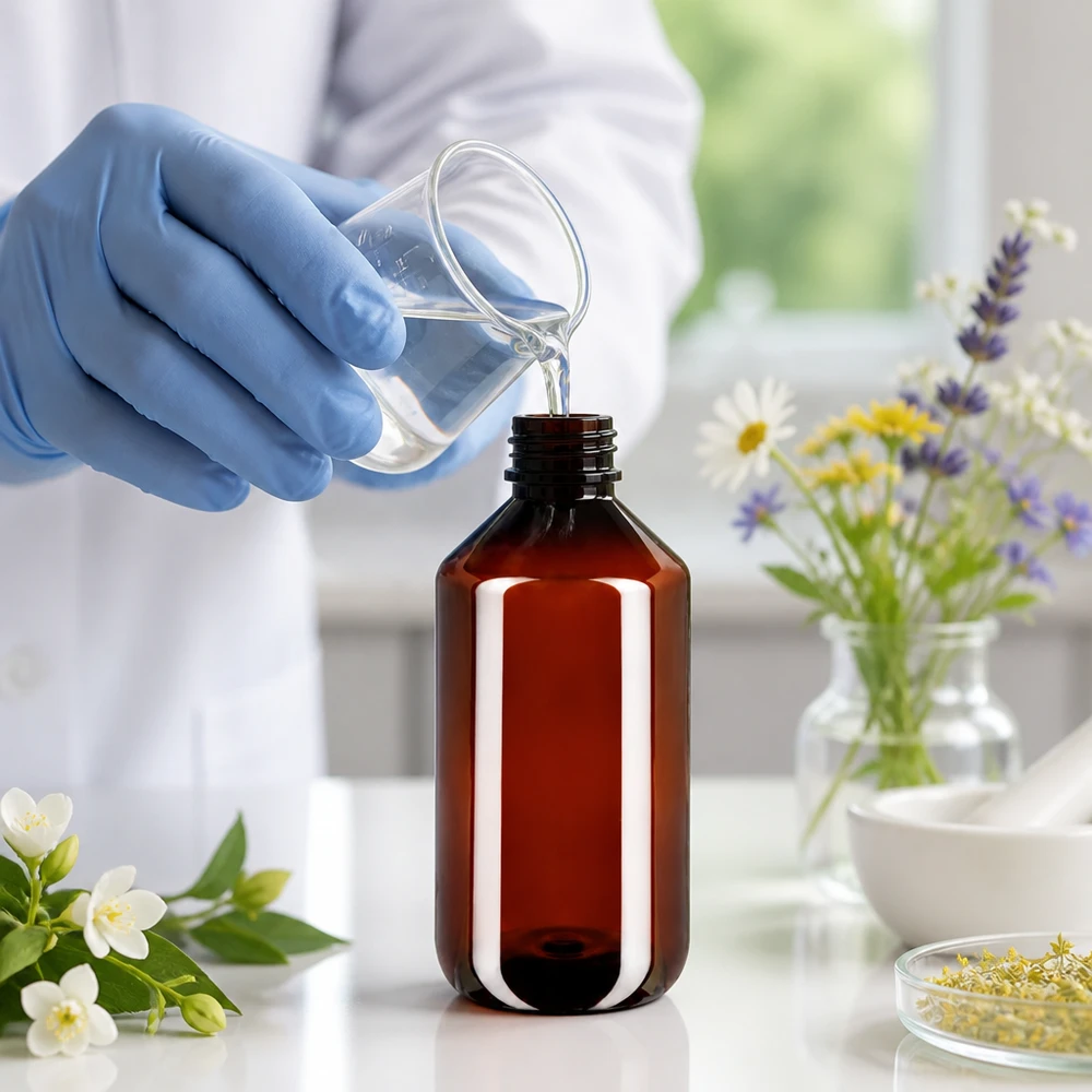 Technik laboratoryjny napełnia brązową butelkę PET o pojemności 500 ml z zielonym oryginalnym zamknięciem przeznaczoną do produktów naturalnych