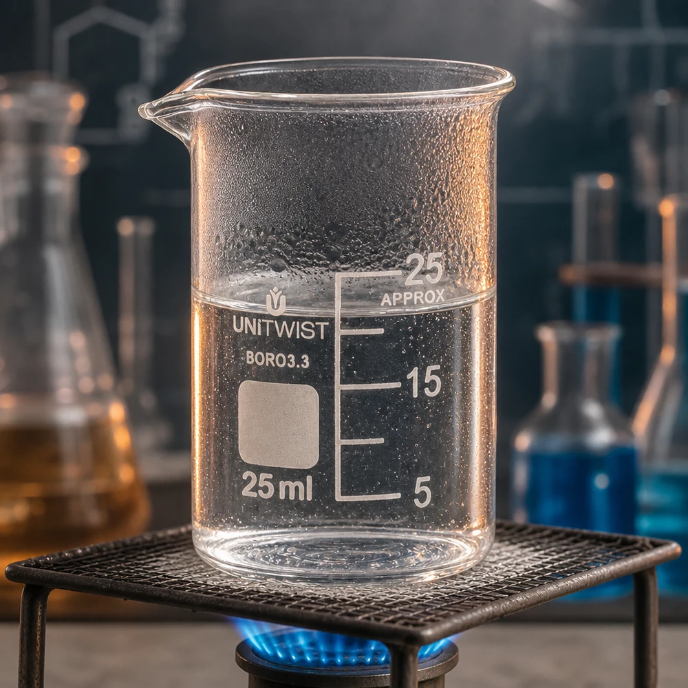 Podgrzewanie w laboratorium szklanki UNiTWIST o pojemności 25 ml, wykonanej ze szkła borokrzemowego 3.3, na palniku gazowym z siatką drucianą