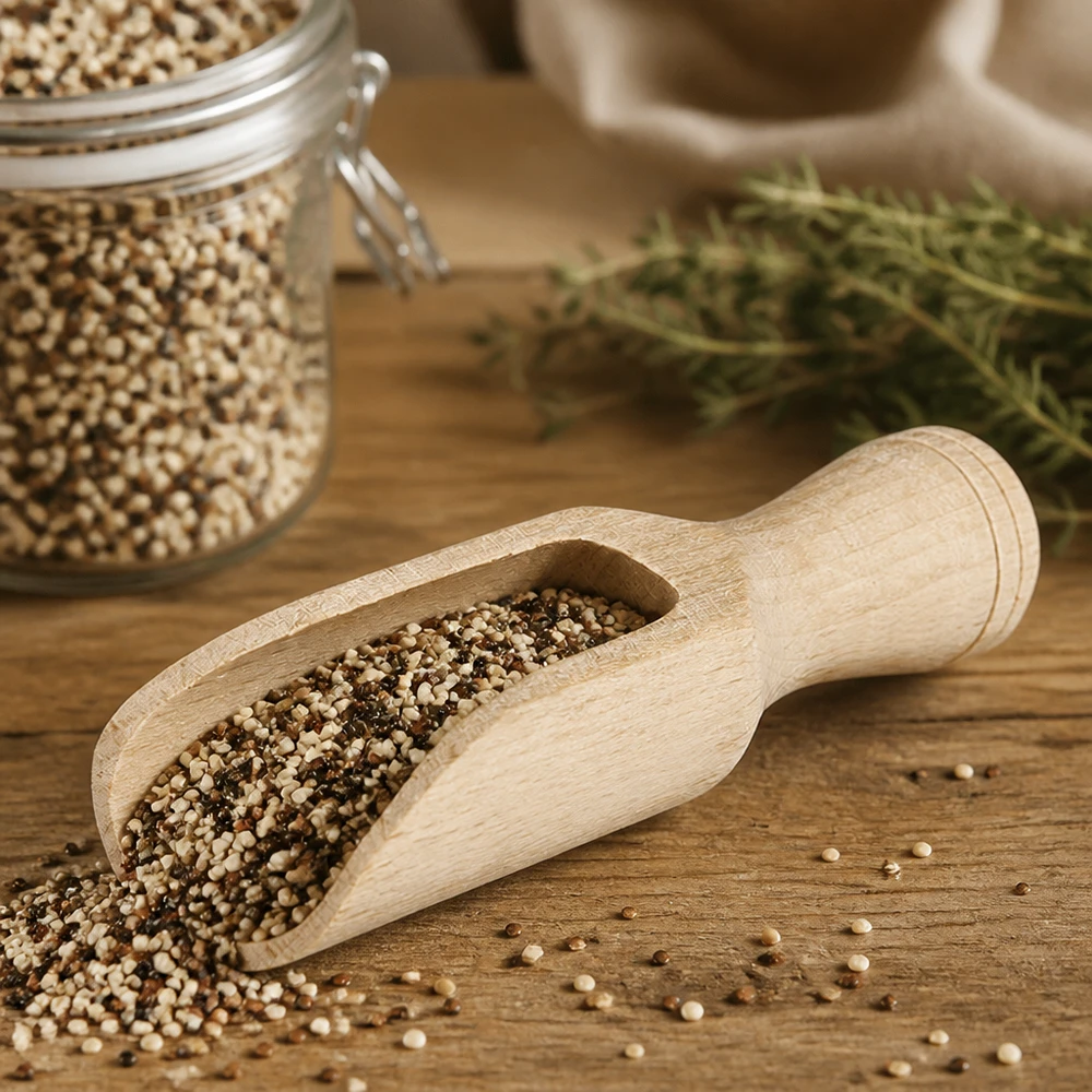 Drewniana łopata w rozmiarze S o półokrągłym kształcie i długości 7,5 cm Buchenholz-Schaufel S mit Koriandersamen gefüllt auf Holztisch neben Kräuterglas stilvolle Küchenhelfer-Szene