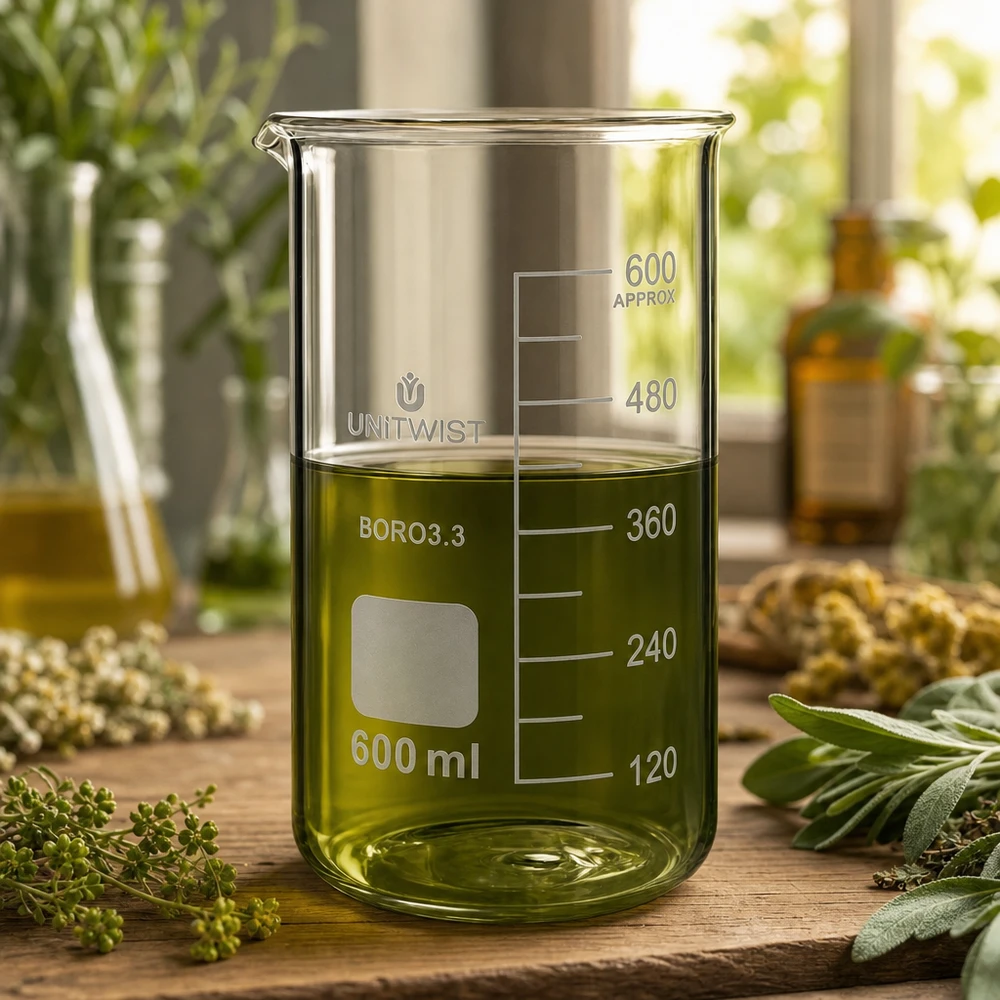 Szklanka UNITWIST o pojemności 600 ml, wysoka, z zielonym ekstraktem ziołowym otoczonym świeżymi ziołami leczniczymi