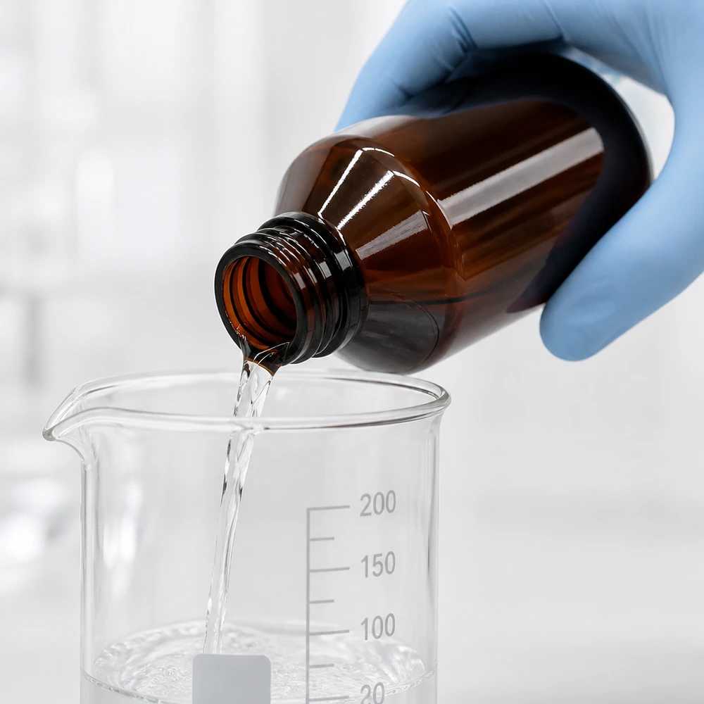 Laborant przelewa przezroczysty płyn z brązowej butelki PET o pojemności 200 ml do zlewki