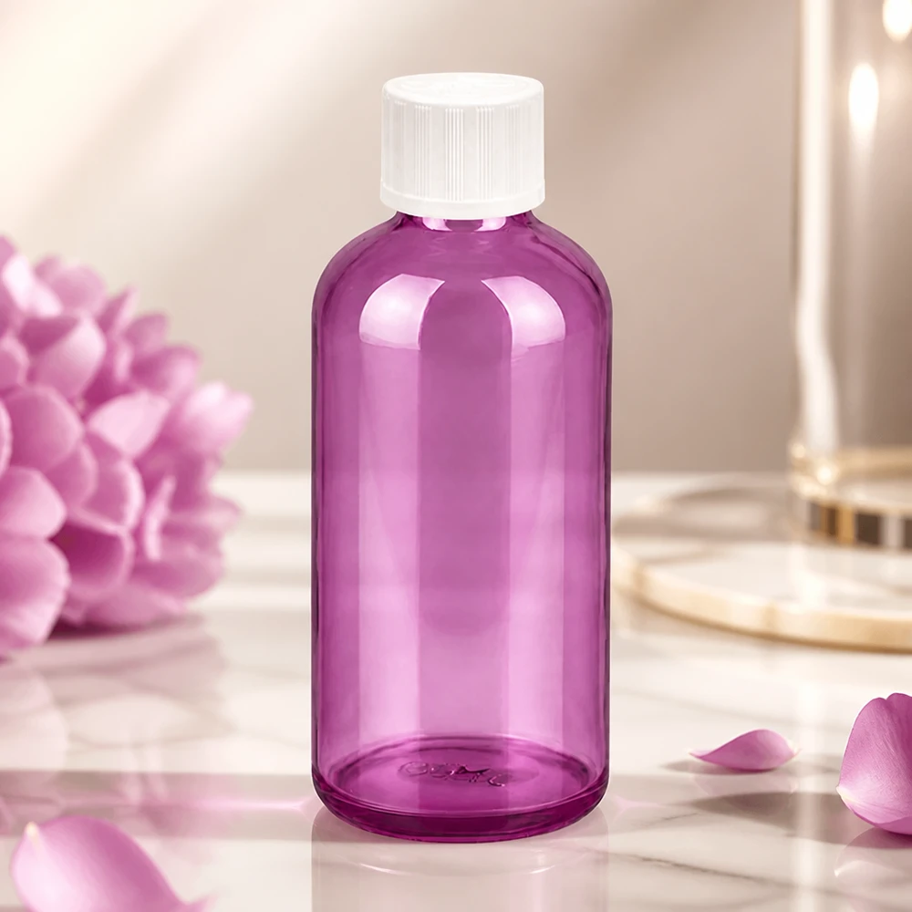Fioletowa szklana butelka 100 ml z precyzyjnym kroplomierzem 1,2 mm do dokładnego dozowania produktów pielęgnacyjnych