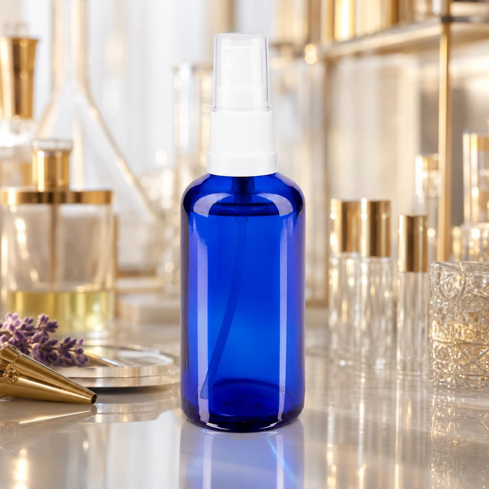 Butelka apteczna niebieska 50ml spray top biała Kobaltowo-niebieska szklana butelka apteczna z atomizerem o pojemności 50 ml z białym pompowym rozpylaczem w laboratorium perfumeryjnym