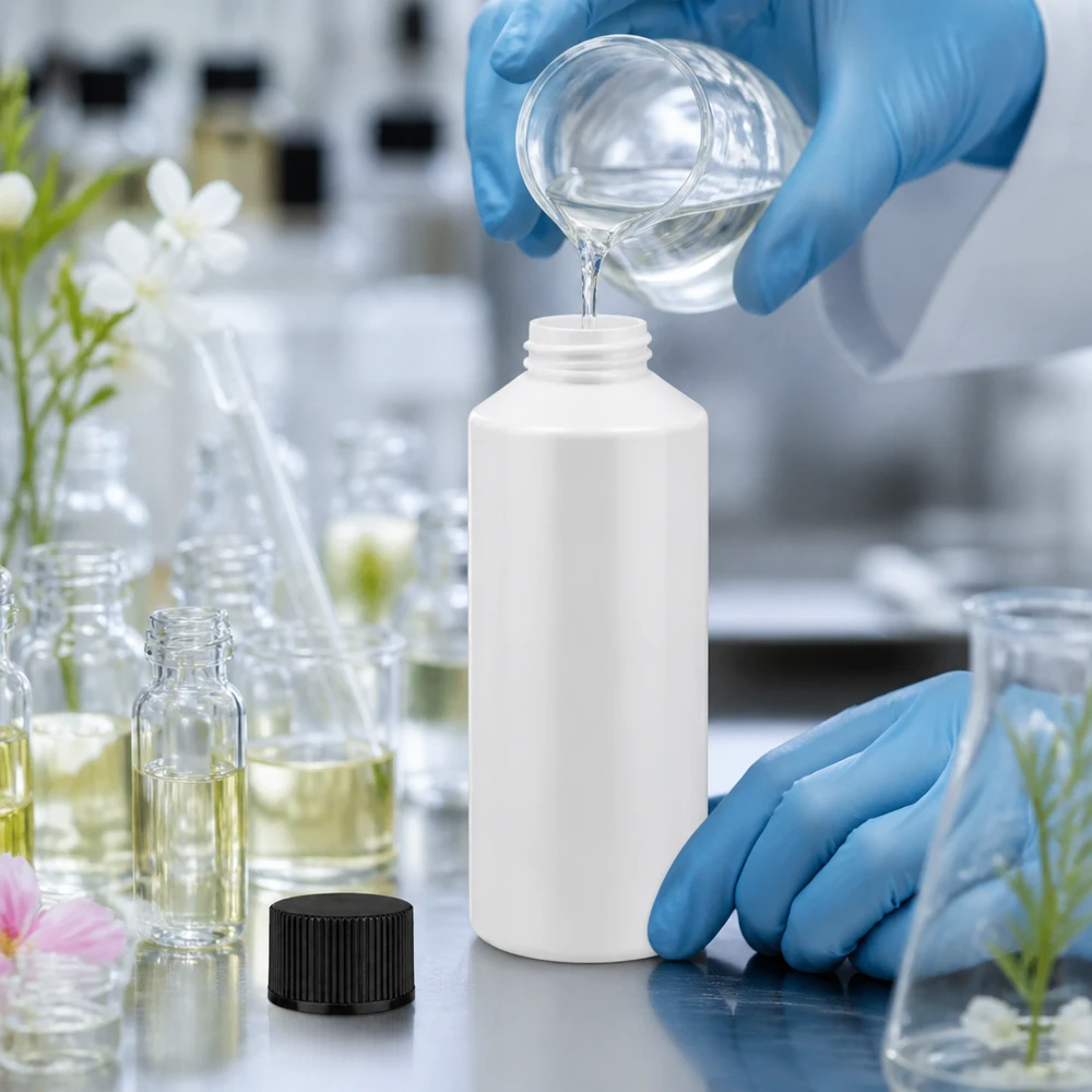 Butelka apteczna HDPE 100ml biała, z czarnym SV Biała butelka z HDPE o pojemności 100 ml z czarną zakrętką jest napełniana przezroczystym płynem w laboratorium kosmetycznym