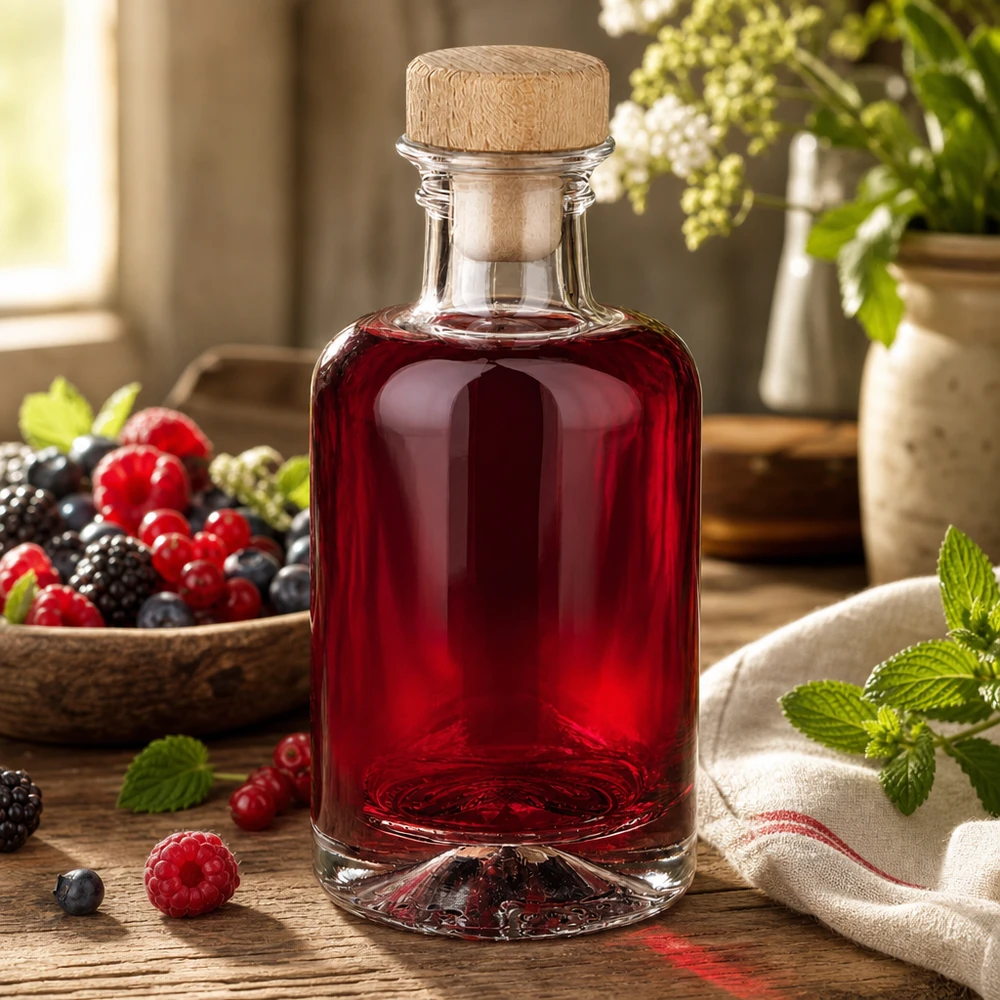 Butelka apteczna Sofia 100 ml z drewnianym korkiem UNiTWIST® 100ml Glasflasche Sofia mit Holzkorken gefüllt mit Beerenlikör zwischen frischen Beeren und Minze warme Küchenstimmung