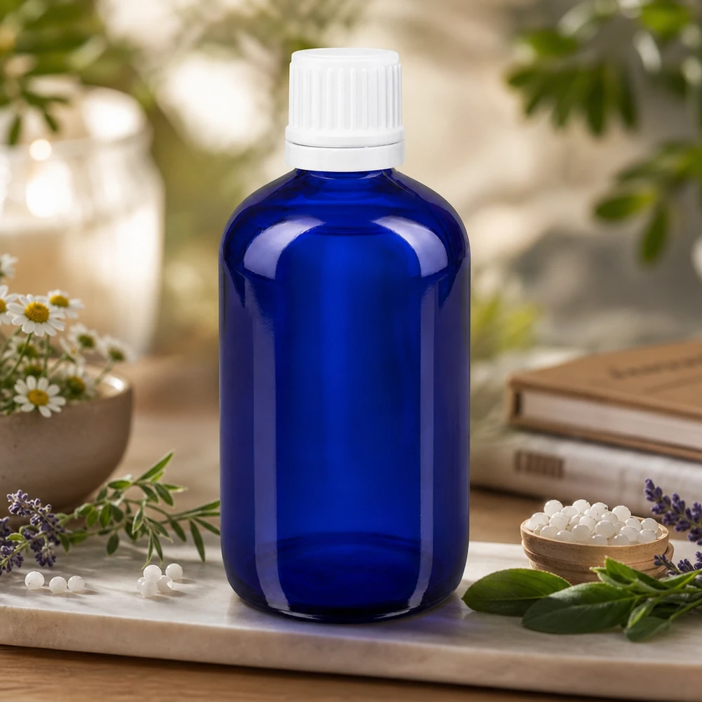 Butelka apteczna niebieska 100ml kroplówka v. 1,2 mm biały OV Kobaltowo-niebieska buteleczka apteczna z zakraplaczem o pojemności 100 ml, z białym zamknięciem zabezpieczającym przed dziećmi, wśród ziół leczniczych