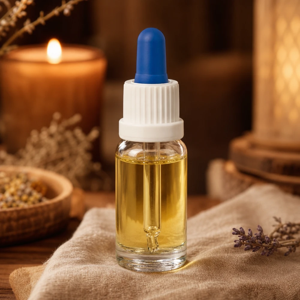 Butelka z pipetą 10 ml biała/niebieska OV ClearL. UT18/10 Buteleczka z pipetą do aromaterapii, 10 ml, z przezroczystego szkła z niebieską gumową kulką, obok świecy i ziół