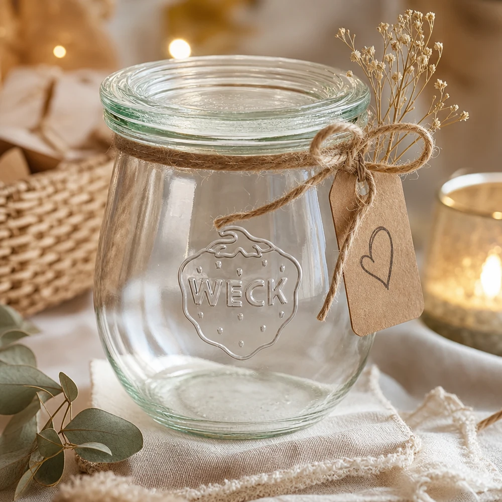 Słoik w kształcie tulipana o pojemności 220 ml z szklaną pokrywką WECK RR60 WECK tulipan słoik 220ml RR60 dekoracyjny z jutowym sznurkiem, papierową przywieszką i suszonymi kwiatami jako pomysł na prezent