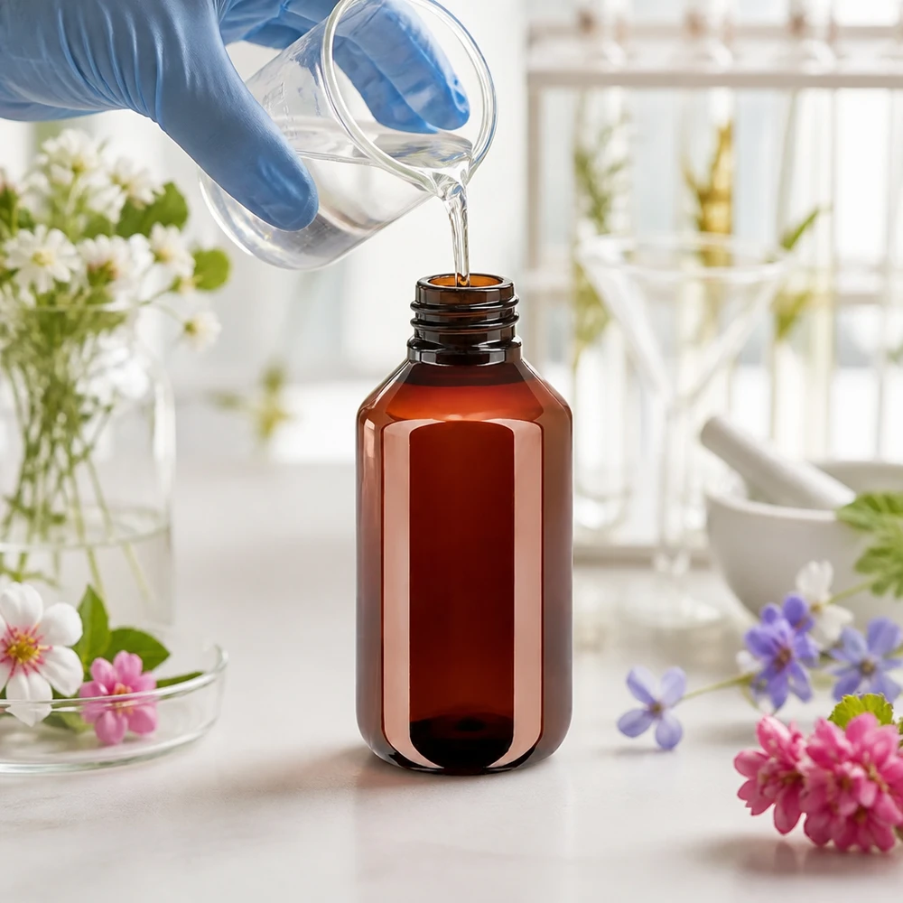 Butelka PET o pojemności 100 ml w kolorze bursztynowym z oryginalnym zamknięciem jest napełniana w laboratorium