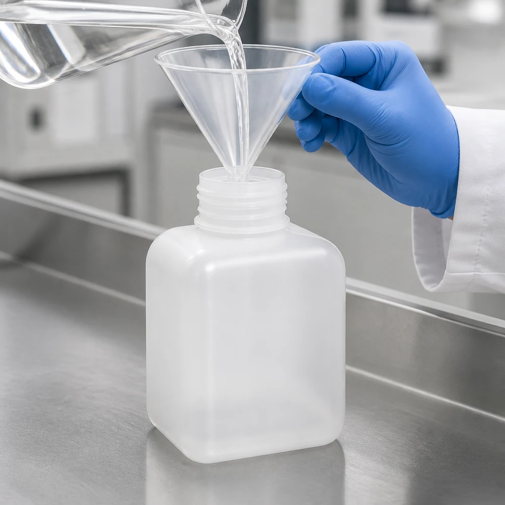 Laborant w niebieskiej rękawiczce napełnia butelkę na chemikalia o pojemności 500 ml z polietylenu wysokogęstościowego (PE-HD) z szeroką szyjką, używając lejka i płynu