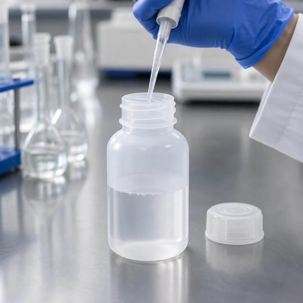 Butelka laboratoryjna 100 ml z szeroką szyjką i zakrętką Butelka laboratoryjna o pojemności 100 ml z szeroką szyjką i zakrętką, przeznaczona do precyzyjnego pipetowania w laboratorium